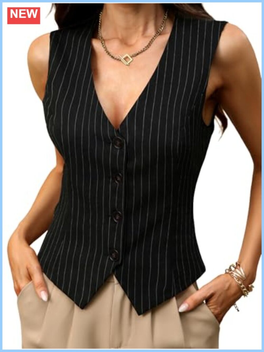 High Stretchy Knit Vest Top Sleeveless V-Neck Button Business Casual